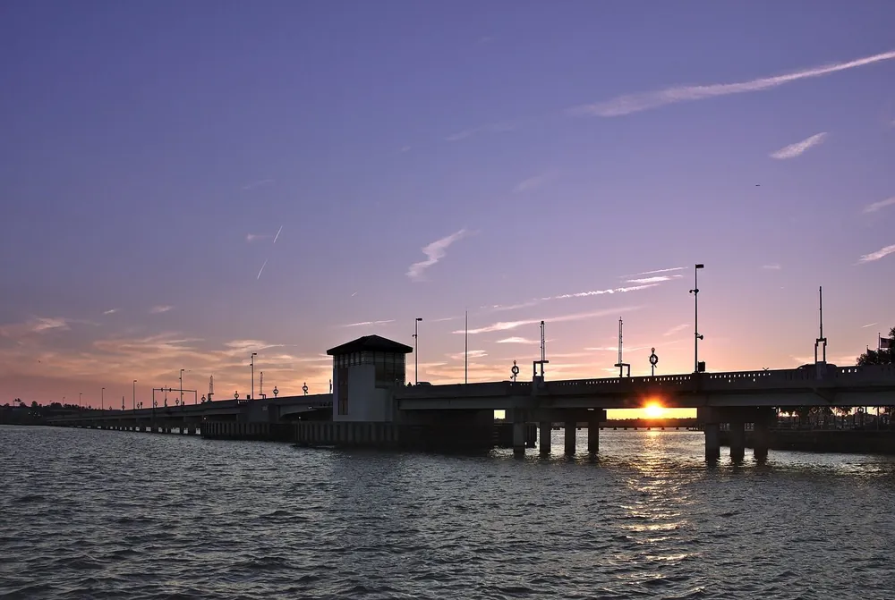 Sunset over the Neuse River and the Riverwalk Bridge at Union Point Park, New Bern