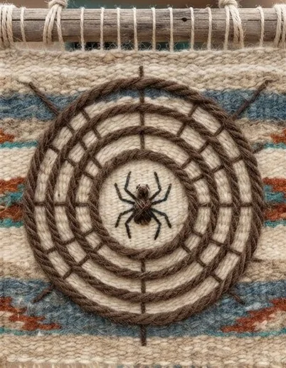 Woven wall hanging with a spider at the center of a spiral web
